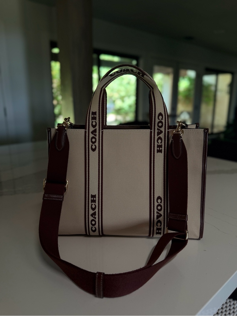 Coach Cream Canvas Tote with Brown Trim and Logo Straps